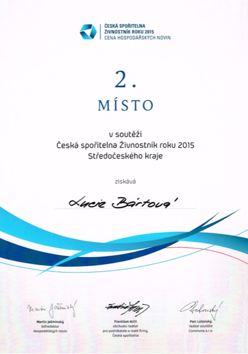 Diplom: 2. místo Živnostník roku 2015 Středočeského kraje
