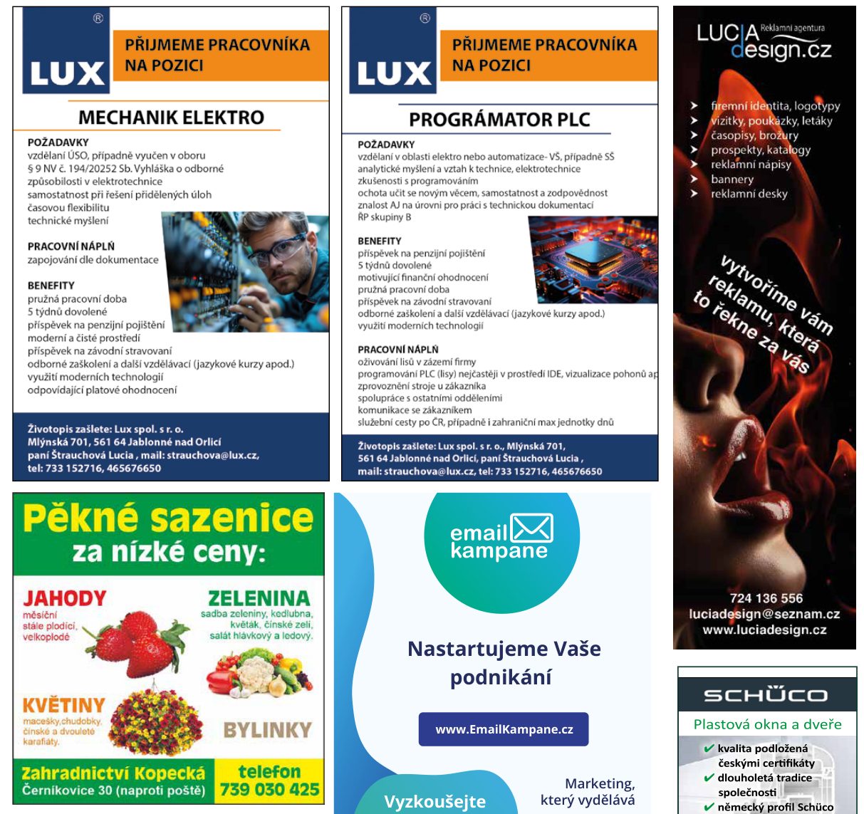 Vnitřní strana Orinu s barevnými inzeráty místních firem